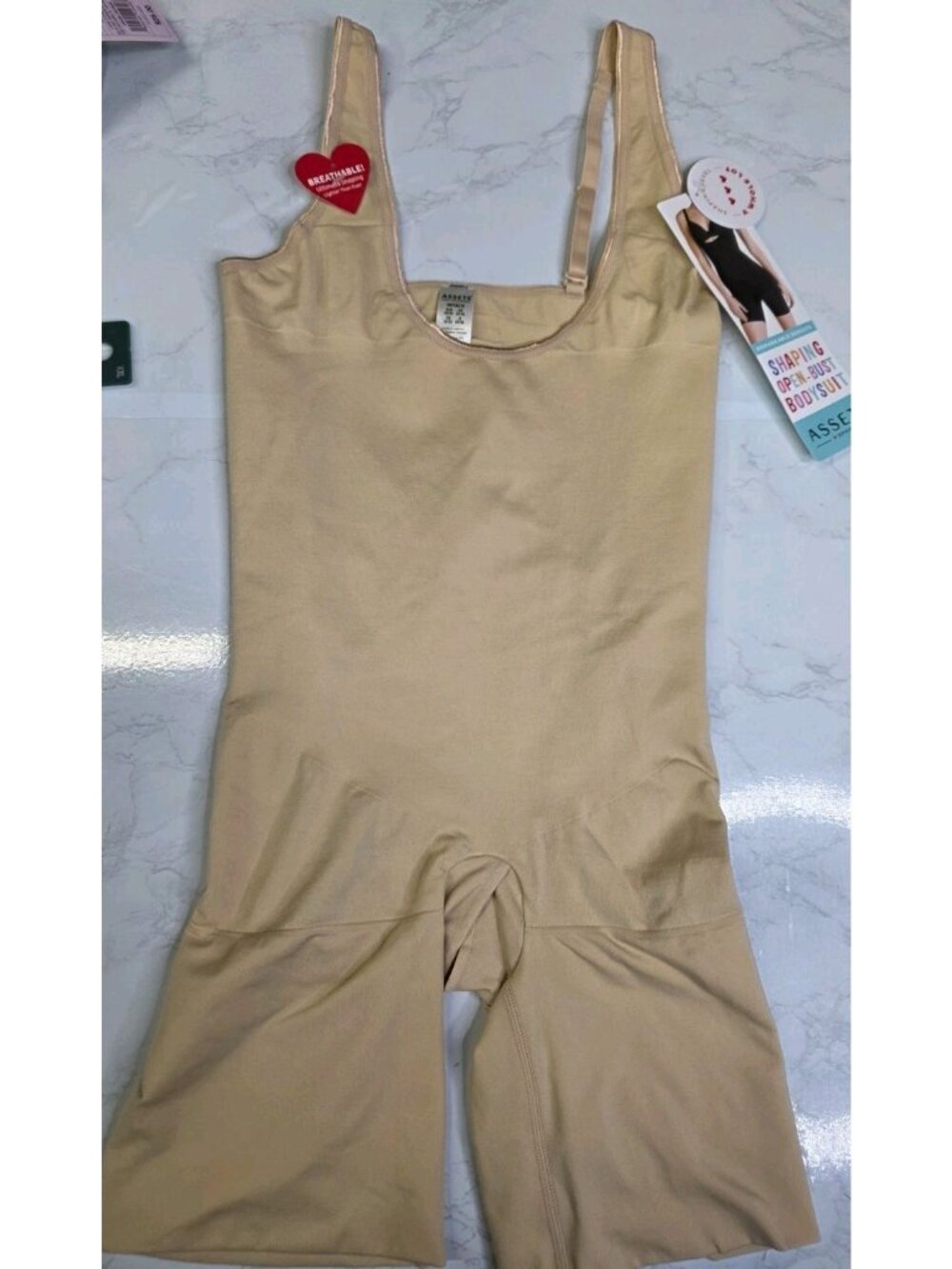 Assets by Spanx Shaping Open Bust Bodysuit Nude Beige 1X Mid Thigh NWT. WL338